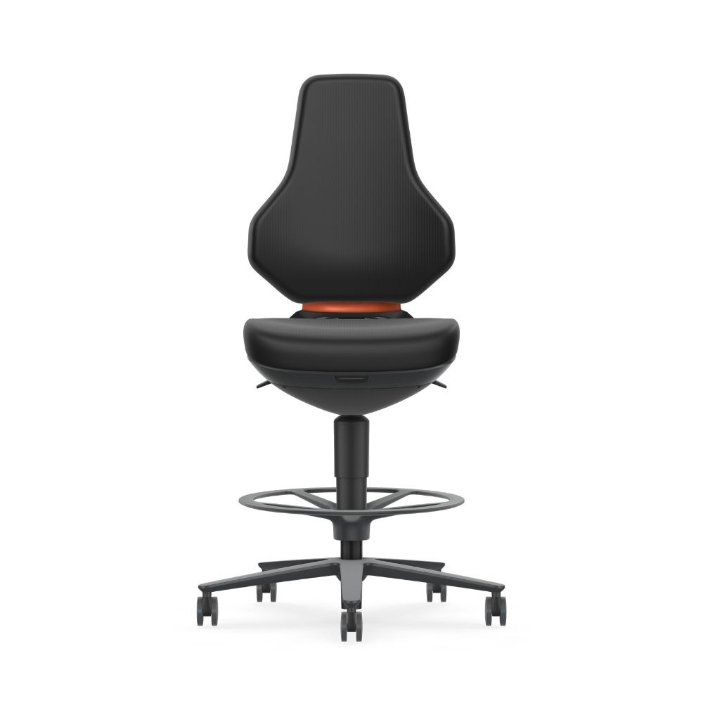 Bimos Texon 4 høy arbeidsstol, svart, Skintec, antrasitt aluminiumsfot, 57-81 cm, fotring, Stop & Go-hjul