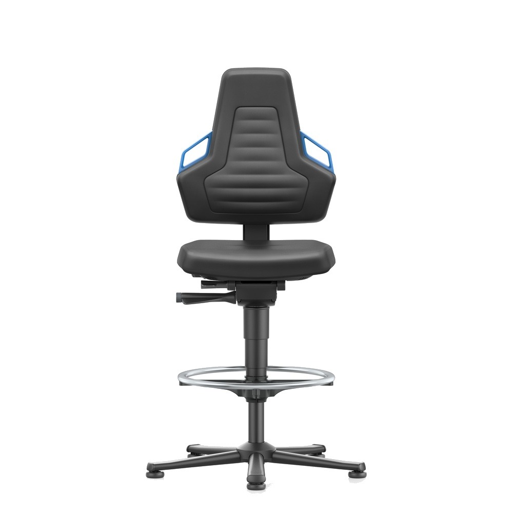 Bimos Nexxit 3 høy arbeidsstol, svart, Supertec, blå håndtak, svart stålfot, 57-82 cm, glideføtter og fotring