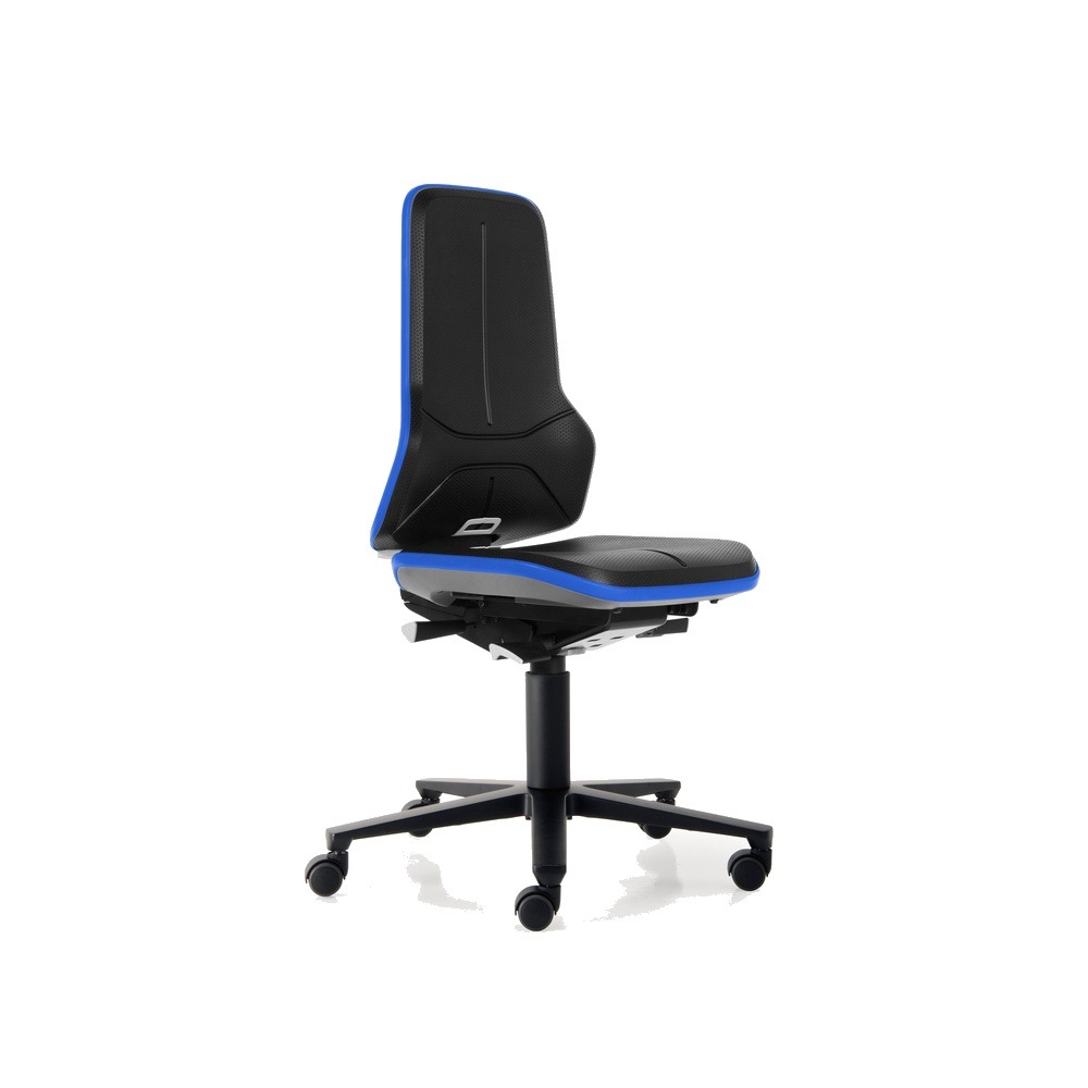 Bimos Neon 2 arbeidsstol, svart, Skintec, blått kantbånd, svart aluminiumsfot, 45-62 cm, hjul til harde gulv